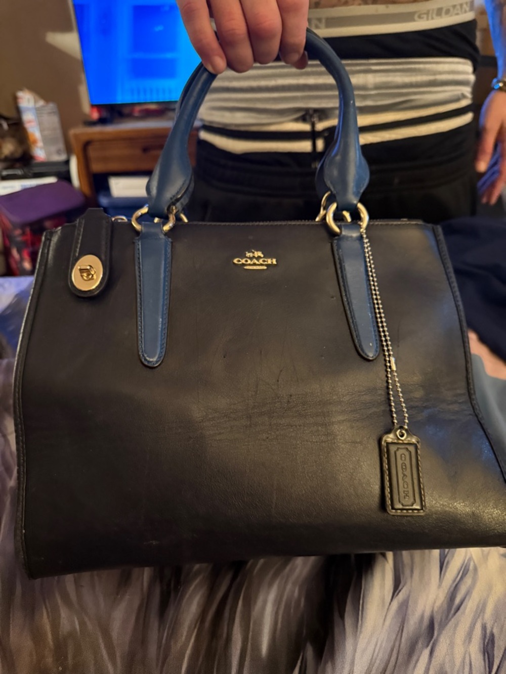 Coach Black and Blue Leather Satchel with Gold Hardware